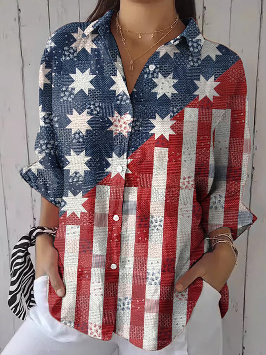Comstylish Women's Independence Day Vintage Flag Print Casual Shirt