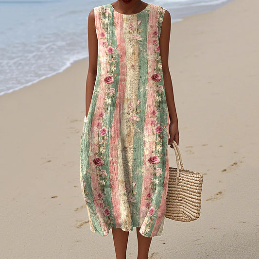 Vintage Floral Stripe Art Linen Tank Dress artswardrobe