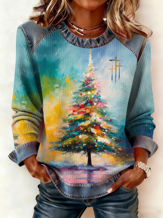 Comstylish Women's Winter Faith Christmas Faux Denim Print Top