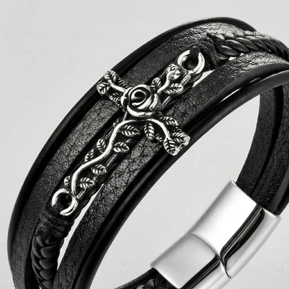 Men's Black Leather Braid Rose Vine Cross Clasp Bracelet