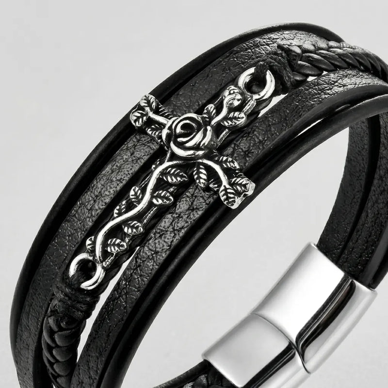 Men's Black Leather Braid Rose Vine Cross Clasp Bracelet