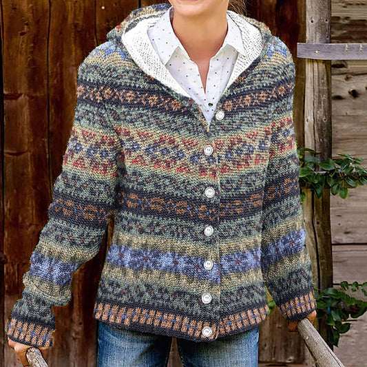 Vintage Ethnic Print Hooded Button Knit Cardigan elevenforest