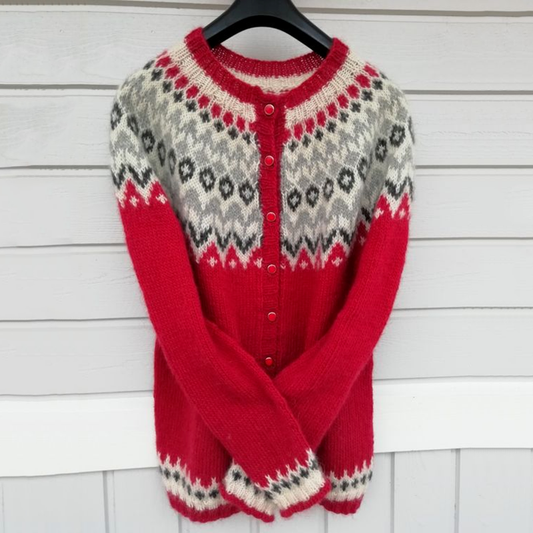 Vintage Icelandic Knit Jacquard Red Warmth Cardigan（Unisex） elevenforest