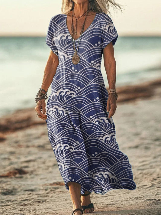 Women's Japanese Art Inspired Wave Print Linen Blend Dress artswardrobe