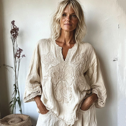 Comstylish Vintage Floral Lace Patchwork Cotton Linen Crew Neck Shirt