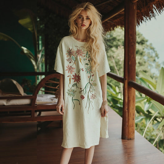 Women's Boho Floral Embroidery Art Midi Dress artswardrobe