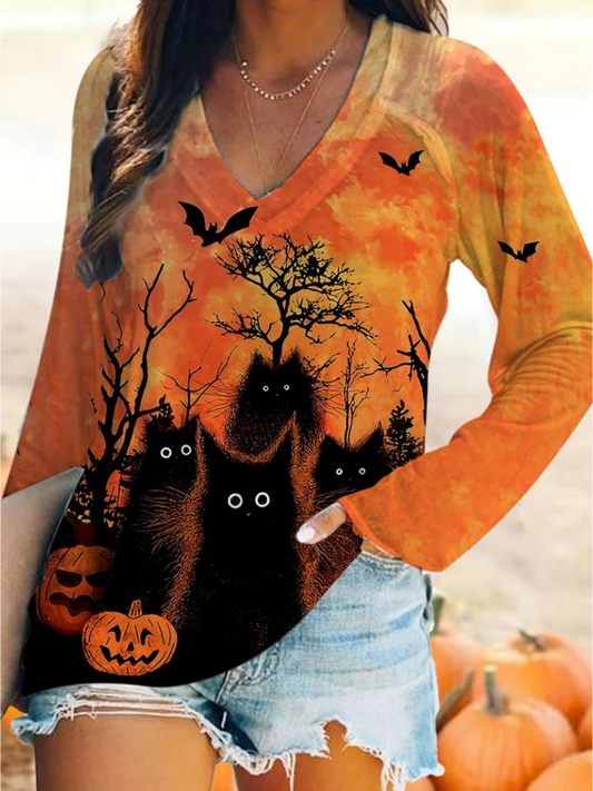 Black Cat Print V-Neck Long Sleeve T-Shirt elevenforest