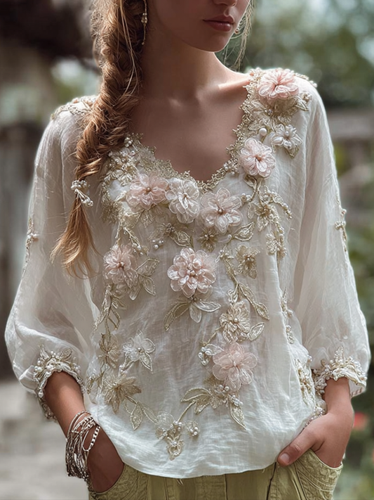 Comstylish Bohemian Style Three-dimensional Flower Pattern Women's V-neck Long-sleeve Cotton And Linen Shirt