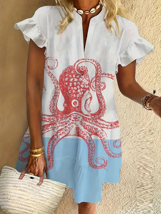 Octopus art ruffle short-sleeved V-neck button dress holiday beach dress