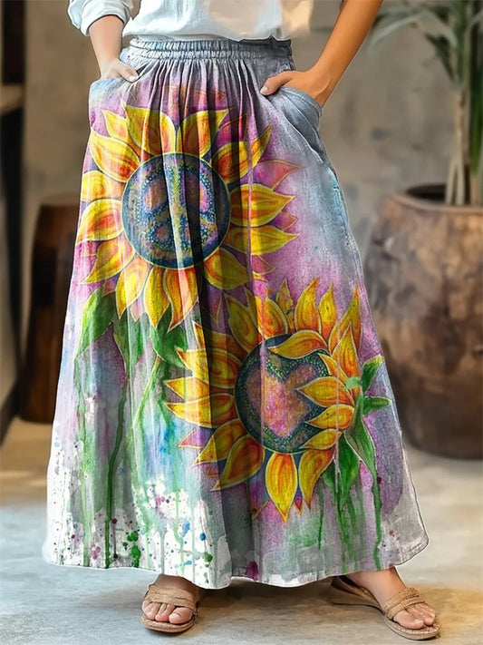 Women's Watercolor Sunflower Hippie Art Print Cotton Skirt artswardrobe