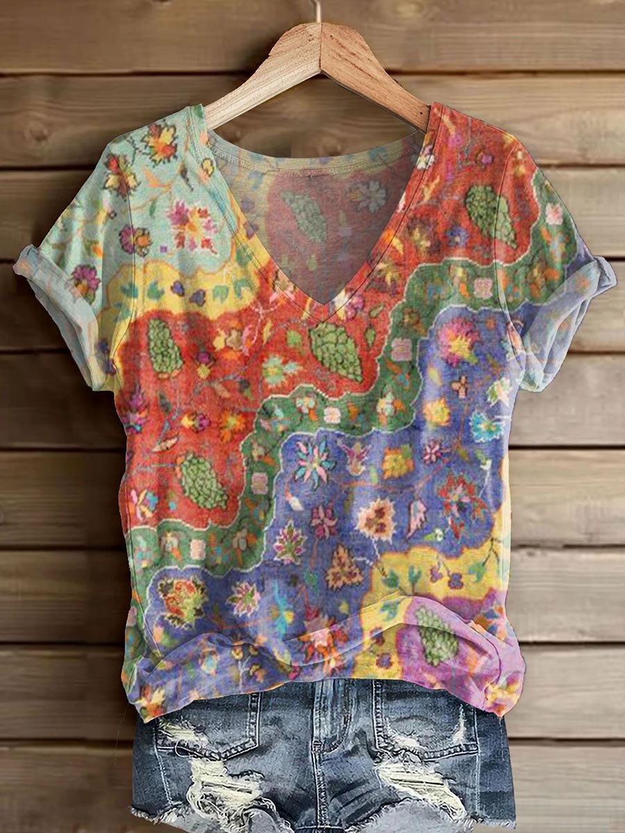 Women's Boho Floral Wave Collage Art Print V-neck Casual T-Shirt
