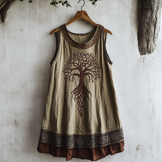 Women's Viking Tree Of Life Celtic Knot Pattern Art Linen Sleeveless Top artswardrobe