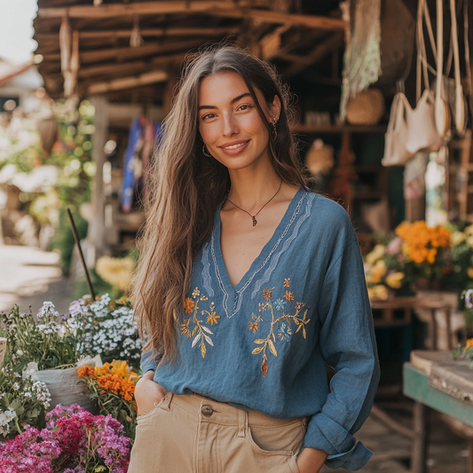Fashion Floral Embroidered Linen V-neck Shirt artswardrobe