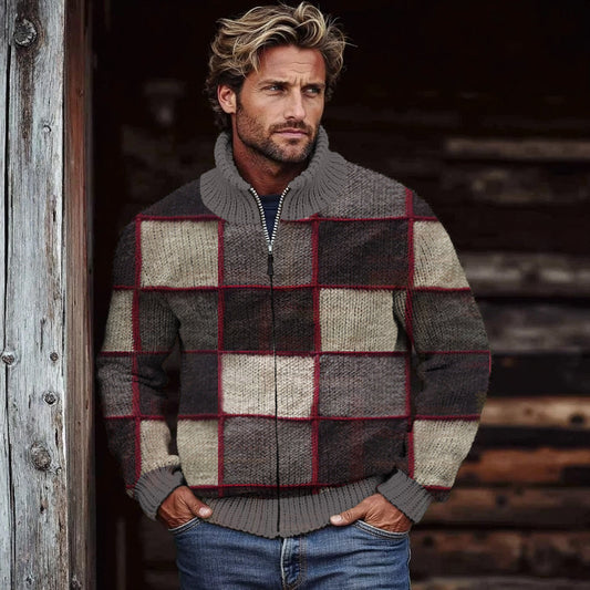 Men's Retro Colorblock Patchwork Cozy Zip Cardigan artswardrobe