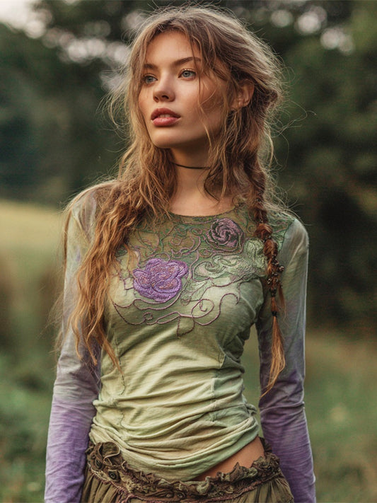 Vintage Purple Rose Embroidery Women's Gradient Long Sleeve Shirt artswardrobe