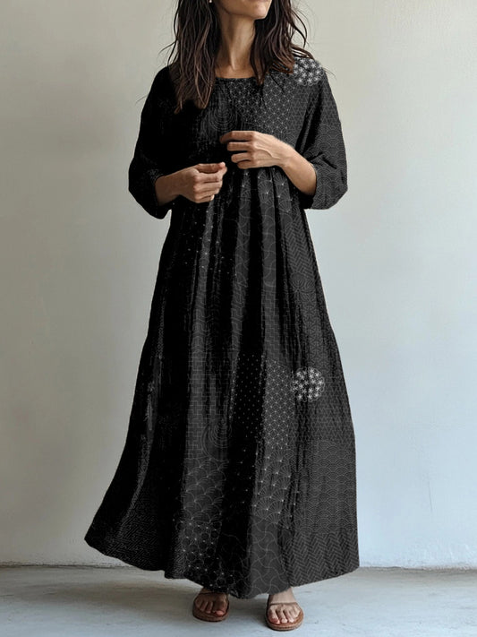 Comstylish Japanese Traditional Sashiko Art Linen Blend Maxi Dress