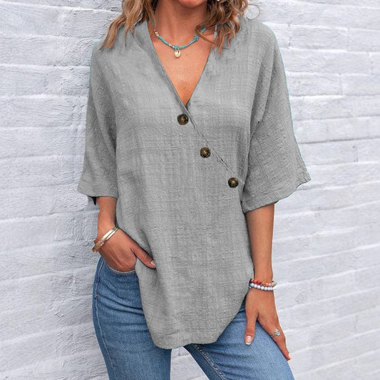 Women's Solid Color Button Linen V-neck T-shirt artswardrobe