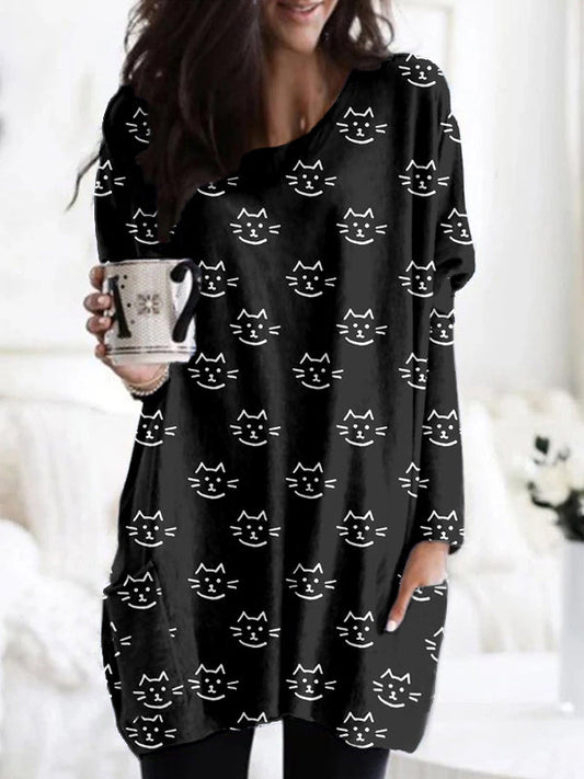 Sweet Cats Pattern Patch Pocket Comfy Tunic elevenforest
