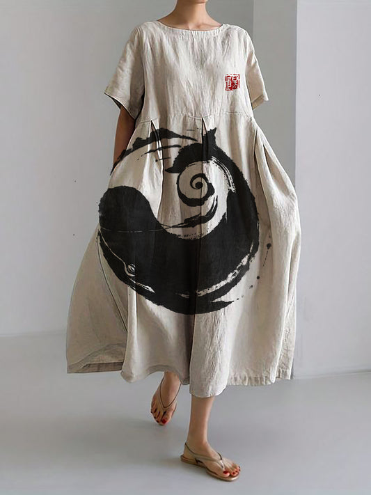 Comstylish Whale Breach Japanese Brush Art Linen Blend Maxi Dress