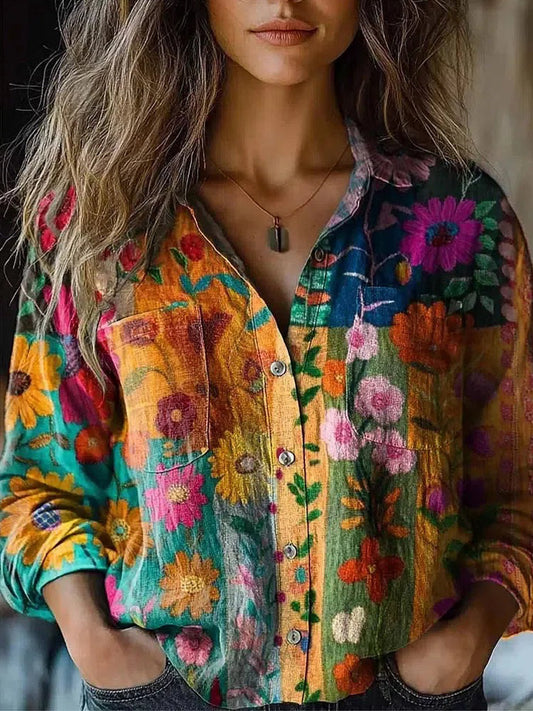Comstylish Vintage Floral Print Women's Linen Blouse