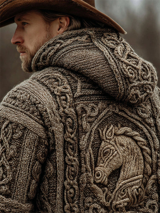 Men's Vintage Horse Crochet Celtic Cozy Knit Hooded Sweater elevenforest