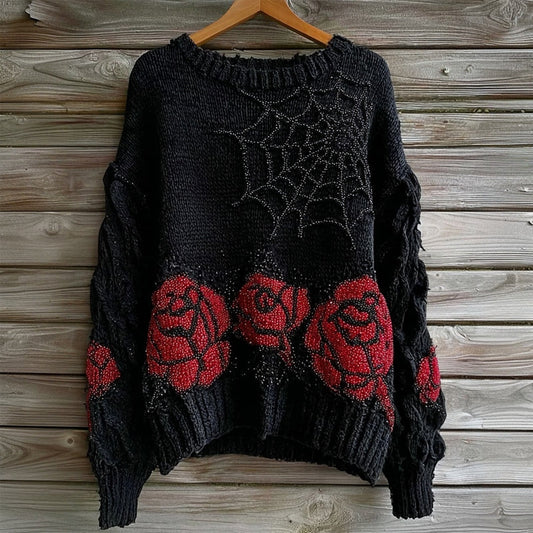 Vintage Roses & Spider Web Glitter Embroidered Cozy Sweater elevenforest