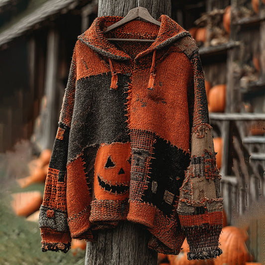 Vintage Patchwork Halloween Pumpkin Face Art Cozy Knit Hooded Sweater elevenforest
