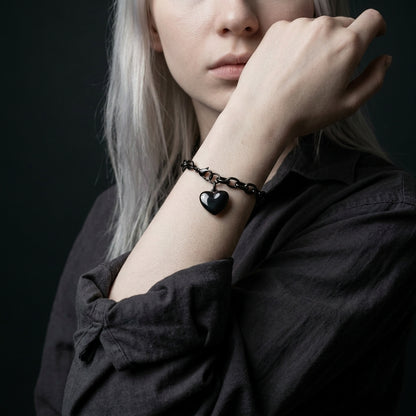 Black Heart Charm Cable Link Bracelet