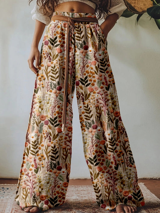 Boho Wildflower Embroidered Linen Blend Comfy Pants artswardrobe