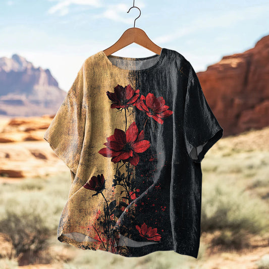 Women's Vintage Rose Art Print Casual Linen  Shirt artswardrobe