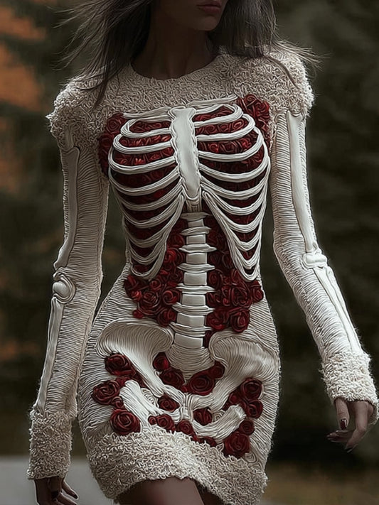 Comstylish Women's Halloween Skeleton Rose Art Round Neck Mini Skirt