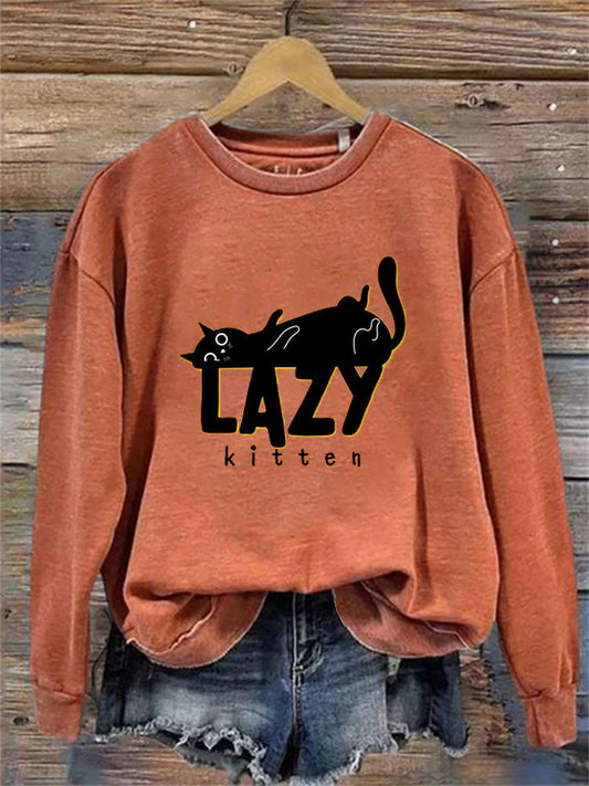Funny Lazy Kitten Print Sweatshirt elevenforest