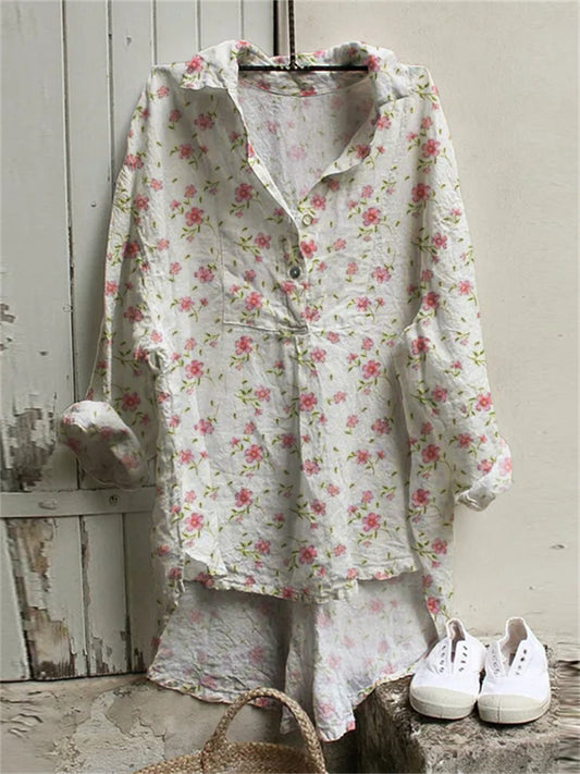 Cottage Floral Oversize Button Up High Low Tunic artswardrobe
