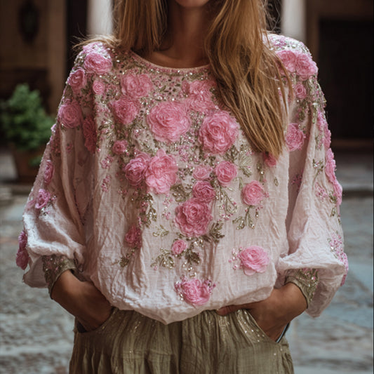 Ladies' Embroidered Flower Vintage Casual V-neck Long-sleeved Top