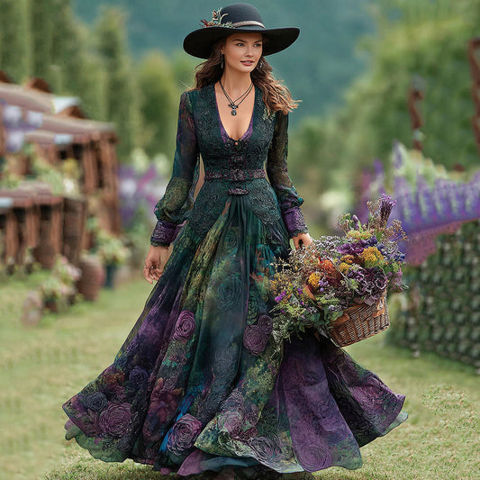 Vintage Purple Floral Lace Art V Neck Long Sleeve Maxi Dress artswardrobe