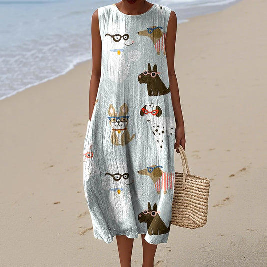 Women's Retro Cute Dogs Art Print Sleeveless Dress artswardrobe