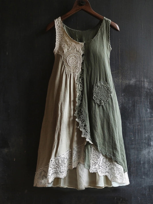 Vintage Lace Patchwork Comfy Linen Tank Dress artswardrobe