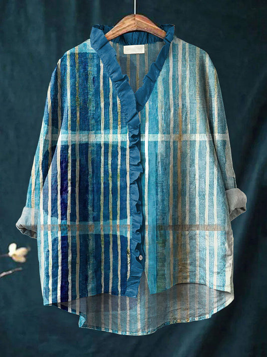 Comstylish Gradient Color Striped Pattern Linen Blend Shirt