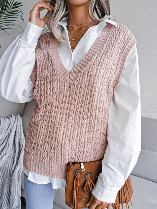 Doris® | Women'S V-Neck Hollow-Out Fried Dough Casual Knitted Vest Sweater