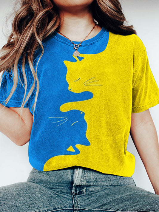 Ukrainian Yellow Blue Cat Print Women's Vintage T-shirt elevenforest