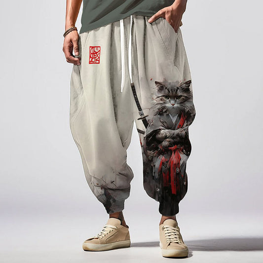 Vintage Kimono Cat Warrior Japanese Art Print Pattern Casual Loose Drawstring Waist Sweatpants elevenforest
