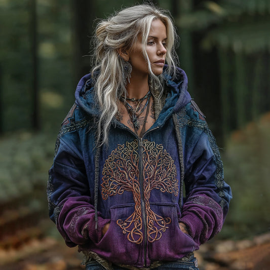 Women's Viking Celtic Knot Tree Of Life Gradient Art Comfort Warm Zip Hoodie artswardrobe