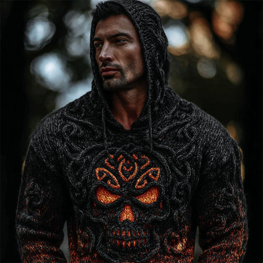 Men's Halloween Spooky Celtic Skull Hooded Cozy Chunky Sweater elevenforest