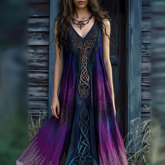 Vintage Viking Celtic Knot Gradient V-neck Midi Dress artswardrobe