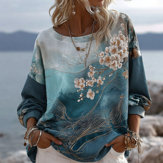 Comstylish Vintage Gradient Marble Texture Apricot Blossoms Pattern Art Linen Shirts