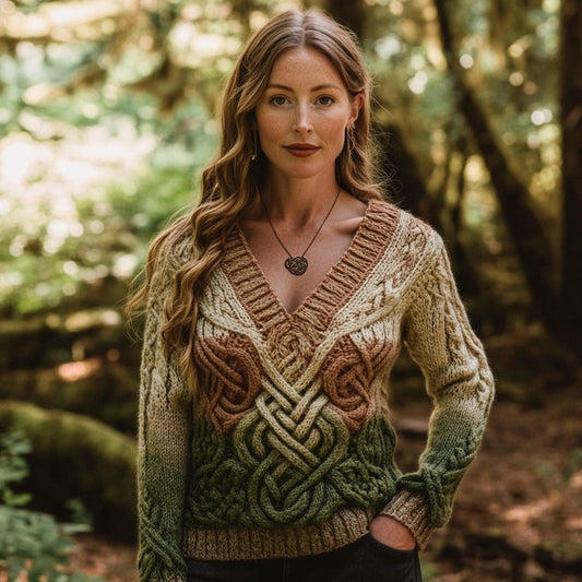 Vintage Gradient Celtic Knot Chunky V-neck Aran Sweater elevenforest