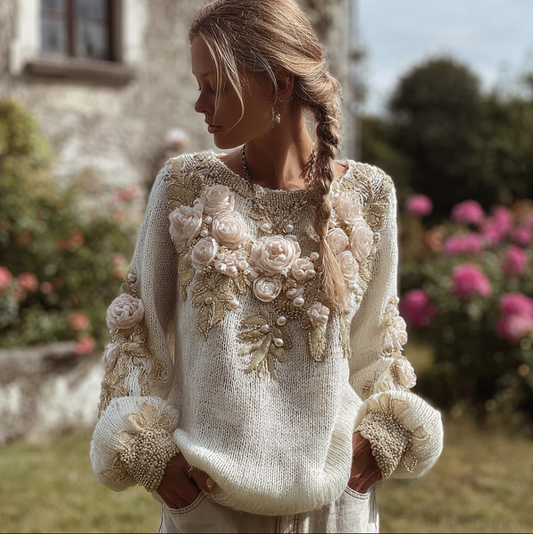 Bohemian Style Three-dimensional Pink Flower Knitted Pattern Women's V-neck Long-sleeve Knitted Sweater elevenforest