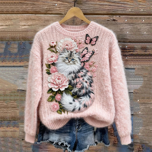 Comstylish Classy Fuzzy Cat Floral Art Cozy Knit Sweater
