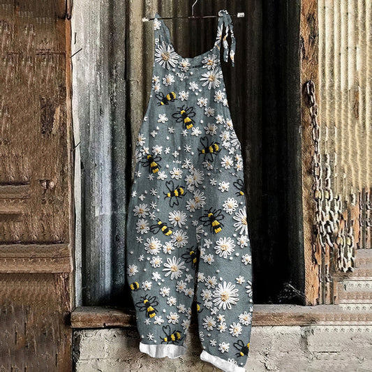 Daisy Bee Print Loose Casual Jumpsuit artswardrobe