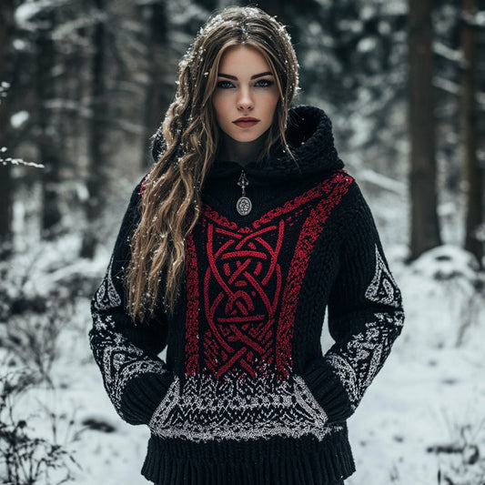 Women's Viking Totem Celtic Knot Retro Pocket Hooded Sweater elevenforest